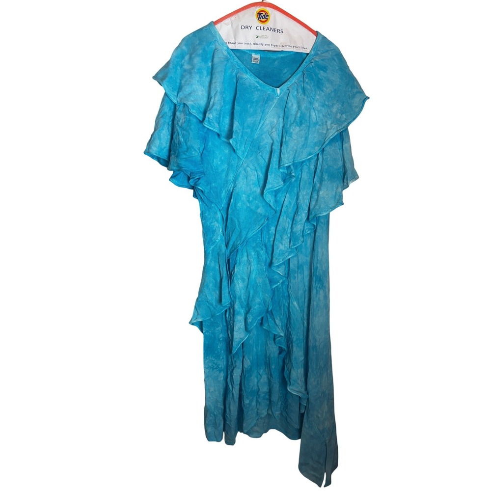 Blue Tie Dye Ruffle V-Neck Asymmetrical Midi Dress Cotton Blend Morocco